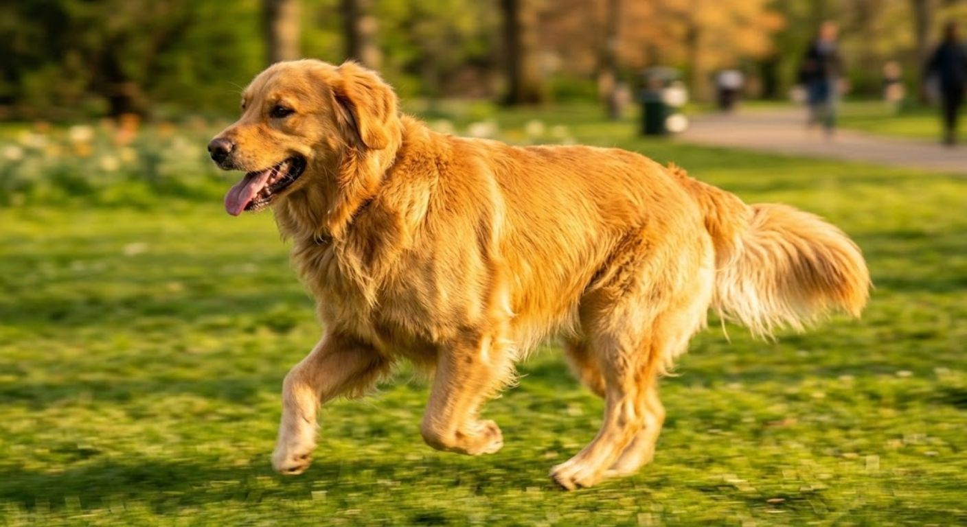 Golden retriever running on a grassy field with trees in the background  - ZenPaw