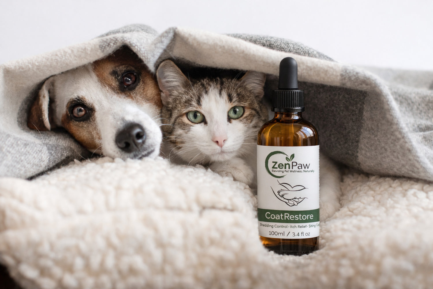 Dog and cat under a blanket with a bottle of ZenPaw CoatRestore supplement.