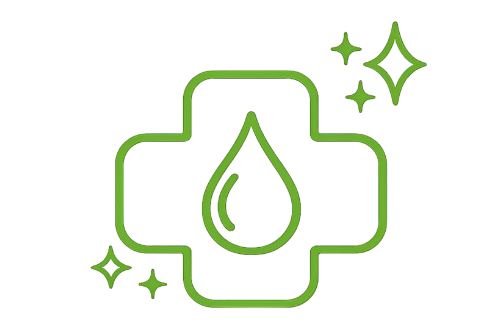 Green icon of a cross with a droplet inside, surrounded by stars on a white background - ZenPaw