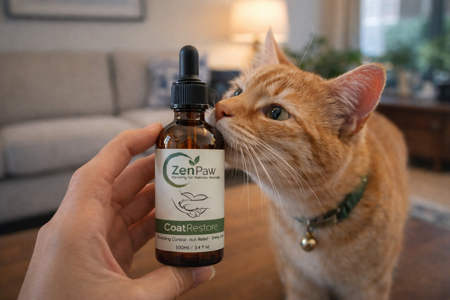Person holding a bottle of ZenPaw CoatRestore supplement with a cat sniffing it in a living room.