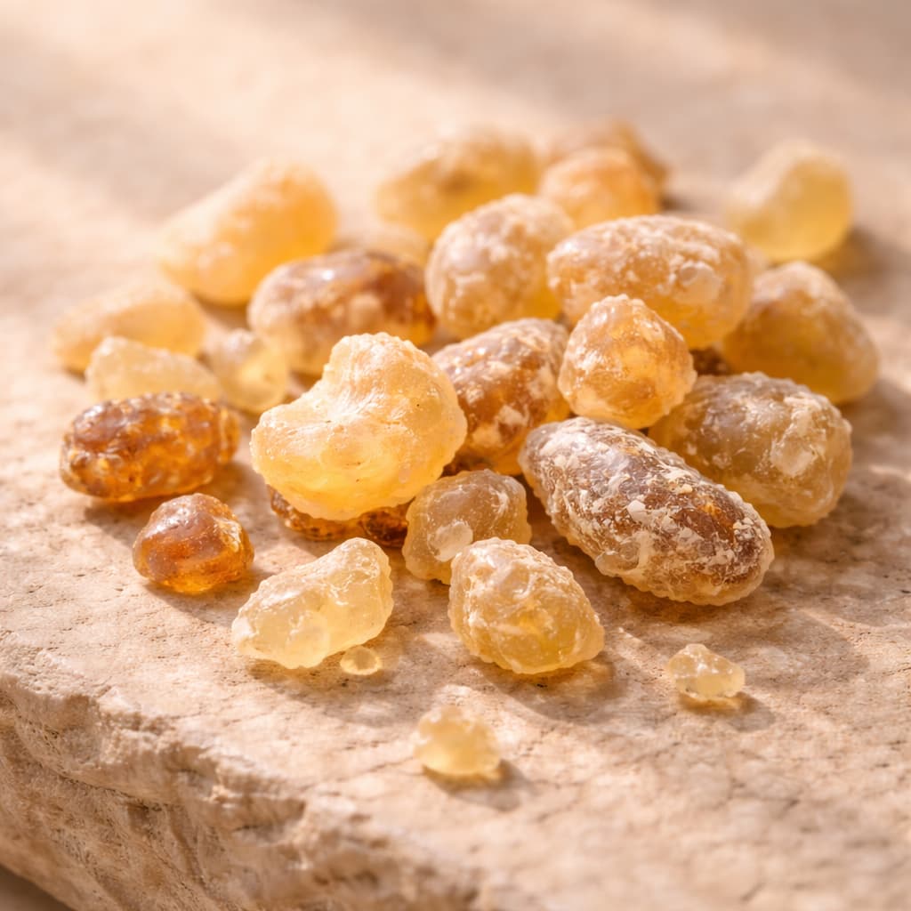 Close-up of frankincense resin on a stone surface - By ZenPaw