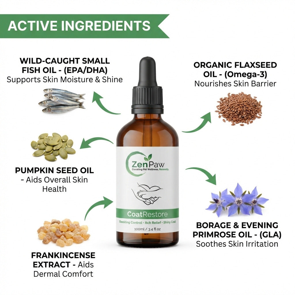 Bottle of ZenPaw CoatRestore with active ingredients listed on a white background
