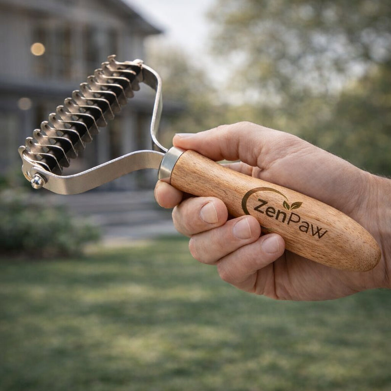 Hand holding a wooden pet grooming tool with 'ZenPaw' branding outdoors.  CoatRake By ZenPaw