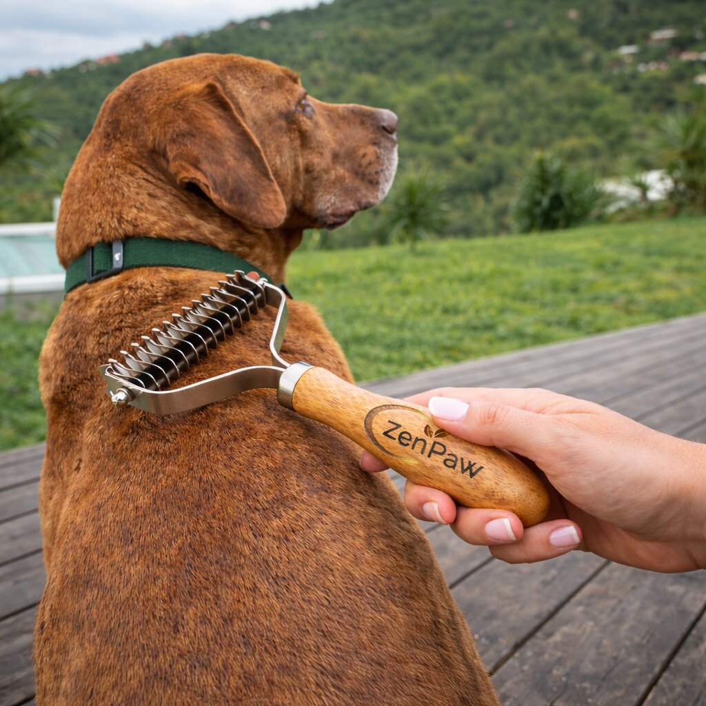 Dog being groomed with a ZenPaw brush outdoors  CoatRake By ZenPaw