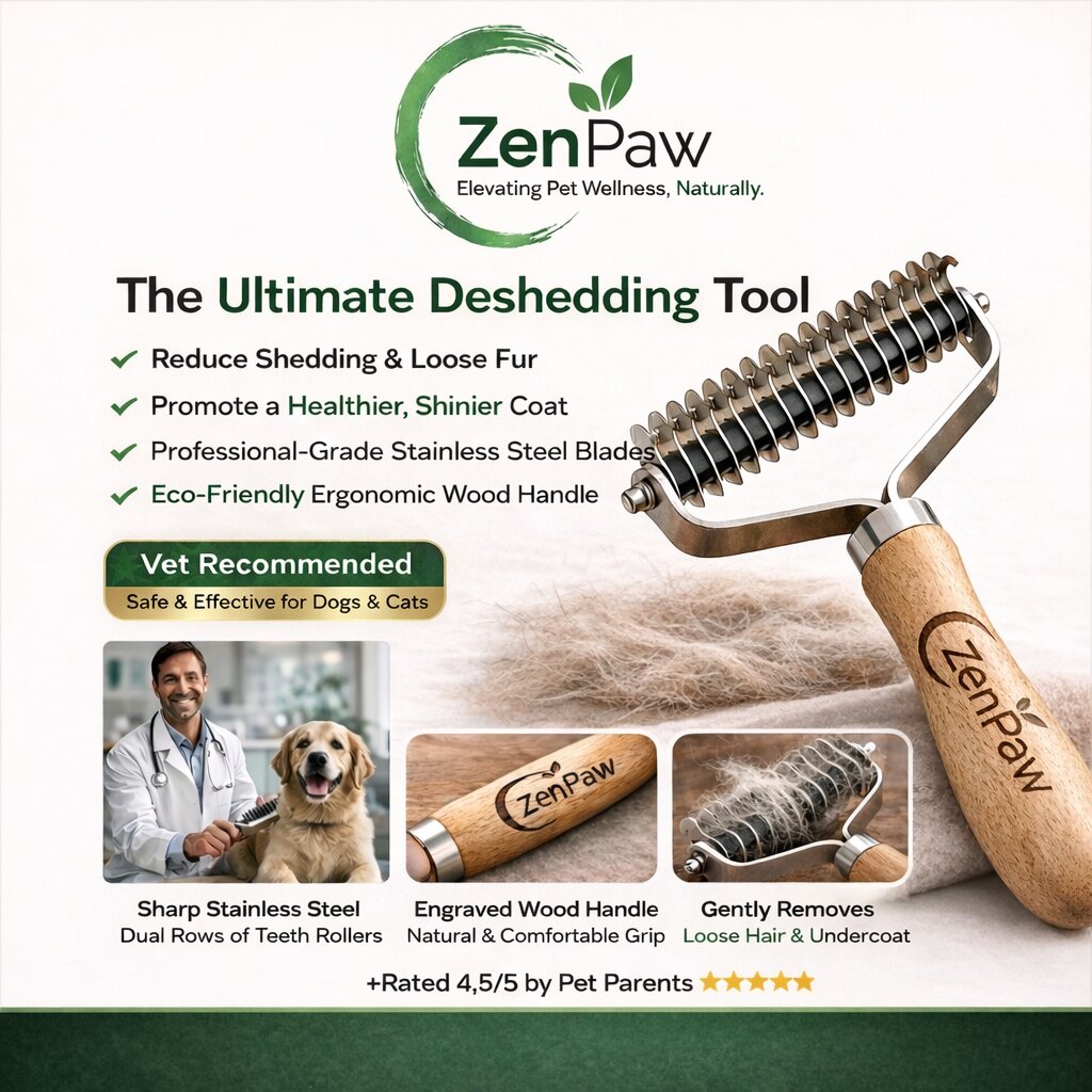 ZenPaw  CoatRake with features and benefits listed on a white background