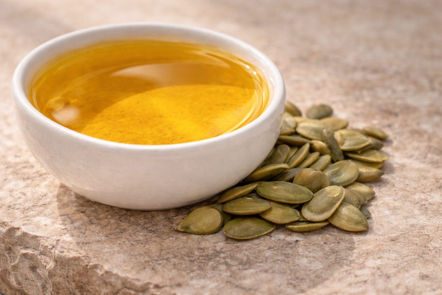 White bowl filled with pumpkin seed oil on a stone surface with pumpkin seeds. ZenPaw