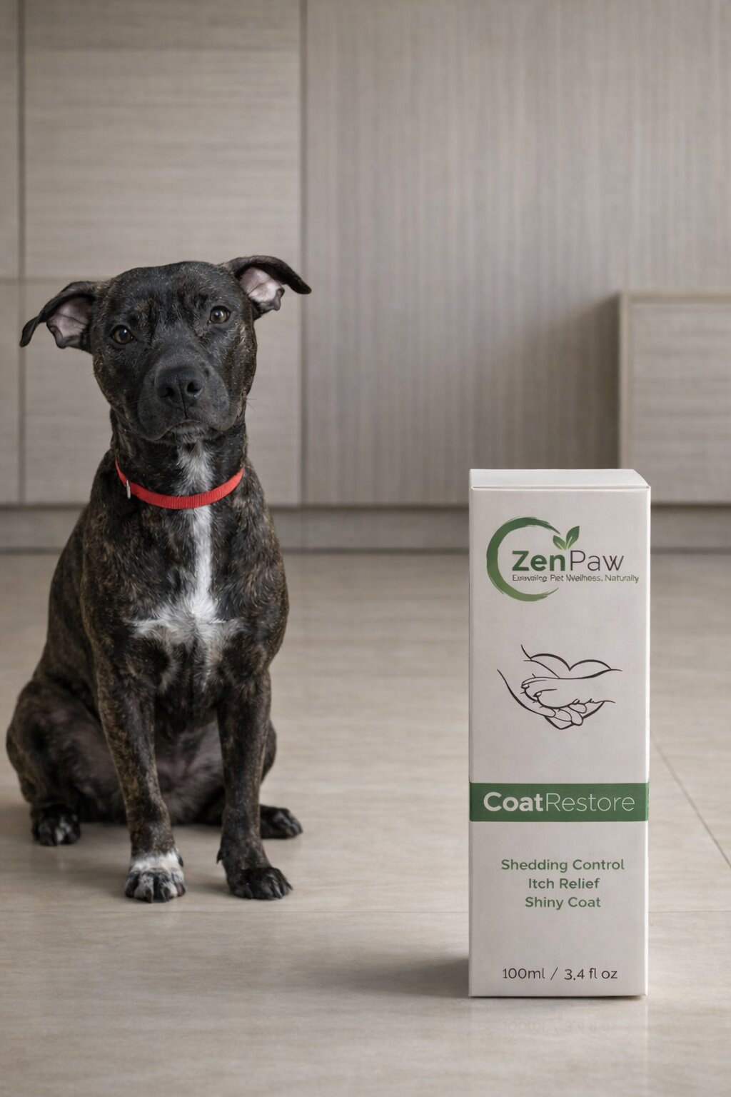 Dog sitting next to a box of ZenPaw CoatRestore on a wooden floor.