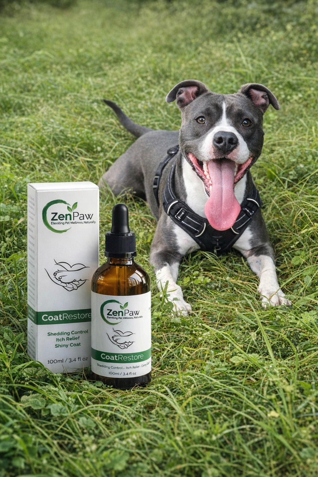 Dog lying on grass with ZenPaw product packaging and bottle