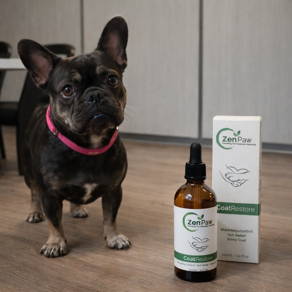 Dog standing next to a bottle and box of ZenPaw CoatRestore on a wooden floor.