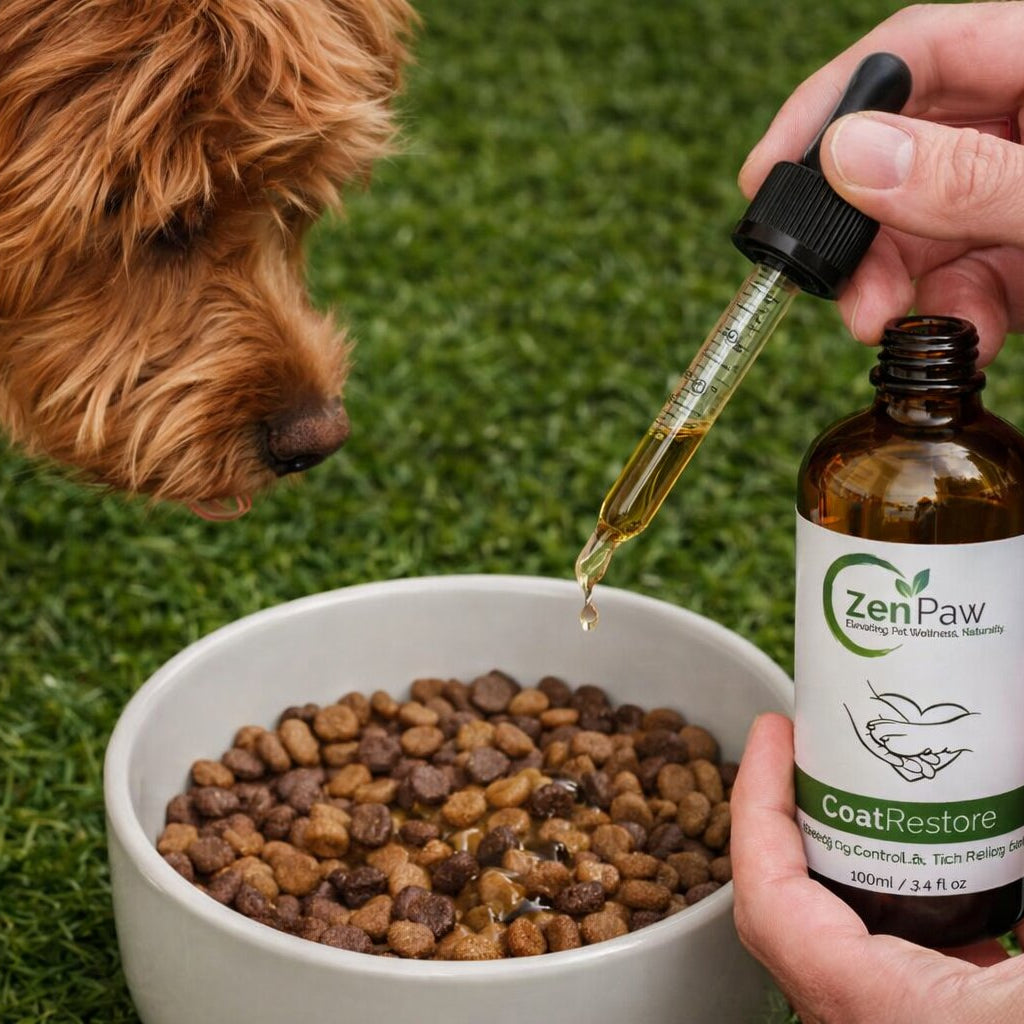 Person pouring a drop of oil from ZenPaw bottle onto a dog's food bowl with a dog looking on.