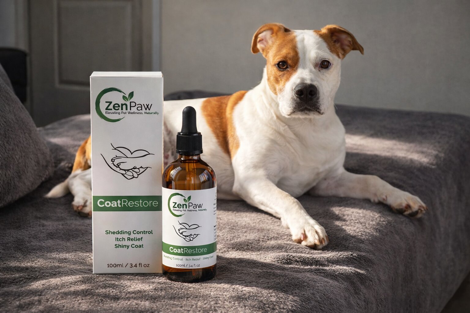Dog lying on a couch next to ZenPaw CoatRestore product packaging and bottle.