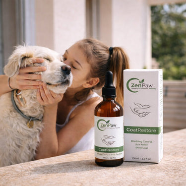 Woman kissing a dog with a bottle and box of ZenPaw CoatRestore product on a table.