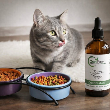 Cat with food bowls and a bottle of ZenPaw CoatRestore supplement on a wooden surface.