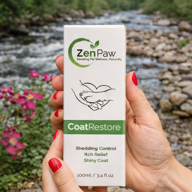 Hand holding a box of ZenPaw CoatRestore product with a natural background