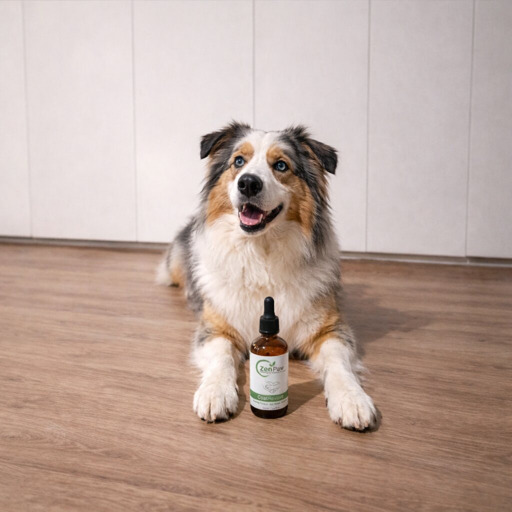Dog sitting on a wooden floor with a bottle of CoatRestore by ZenPaw 