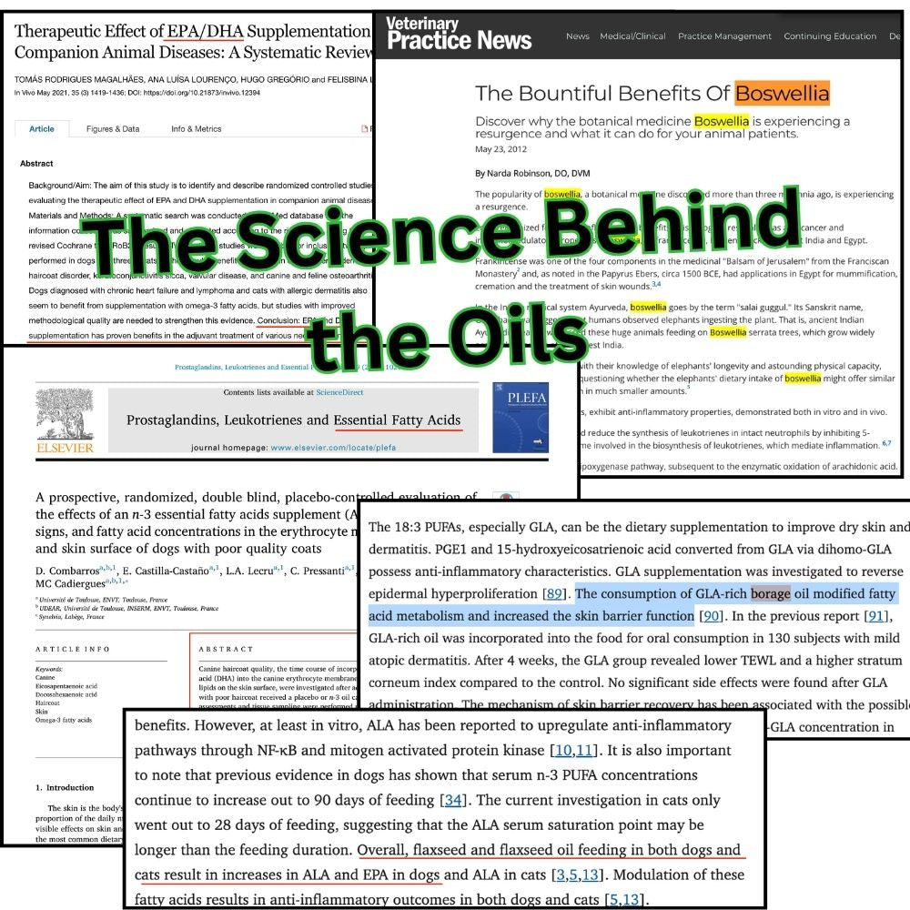 Collage of scientific articles with text overlay 'The Science Behind the Oils'. ZenPaw CoatRestore