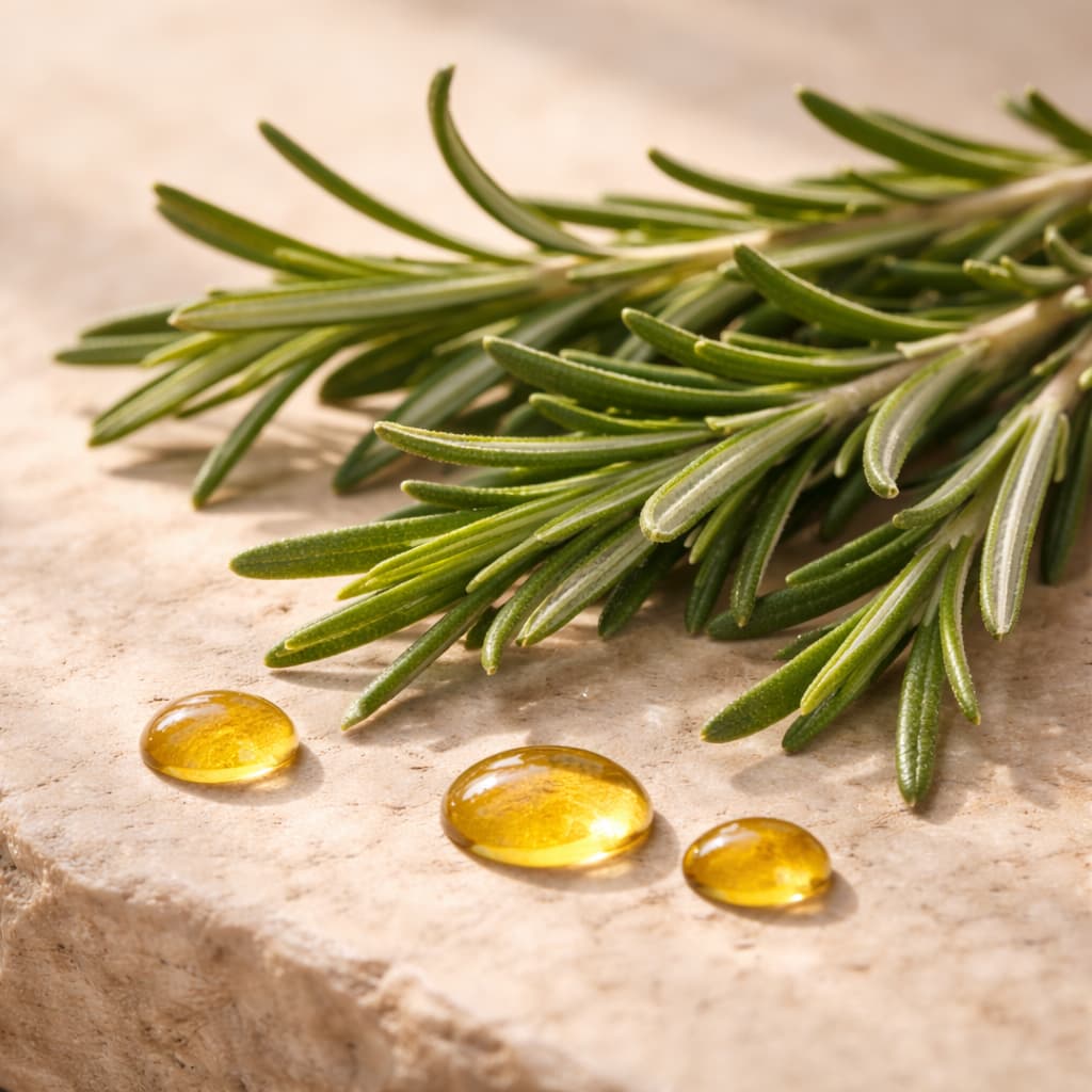 Rosemary leaves with oil droplets on a stone surface by ZenPaw