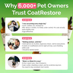 Promotional graphic for CoatRestore with customer testimonials on a green background - ZenPaw