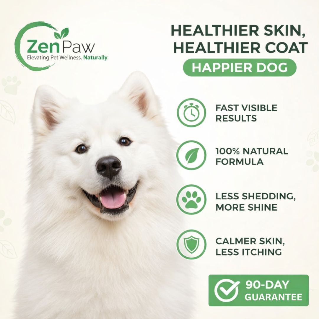Advertisement for ZenPaw pet product featuring a white dog with text highlighting benefits.