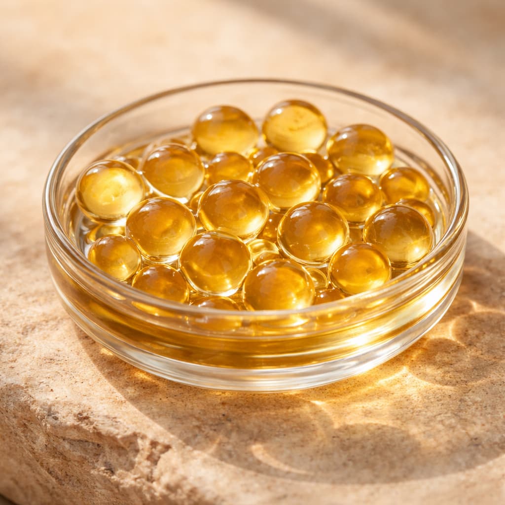 Glass bowl filled with yellow gelatin capsules on a stone surface by ZenPaw