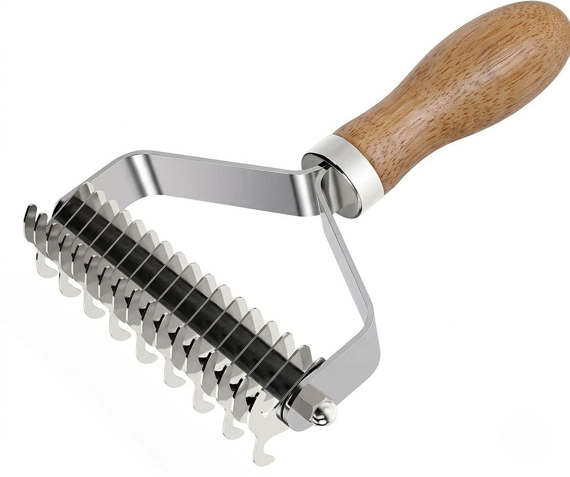 Metallic dough roller with wooden handle on a white background -  CoatRake By ZenPaw