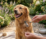 Dog being groomed with a brush by a person outdoors in a garden setting - CoatRestore By ZenPaw