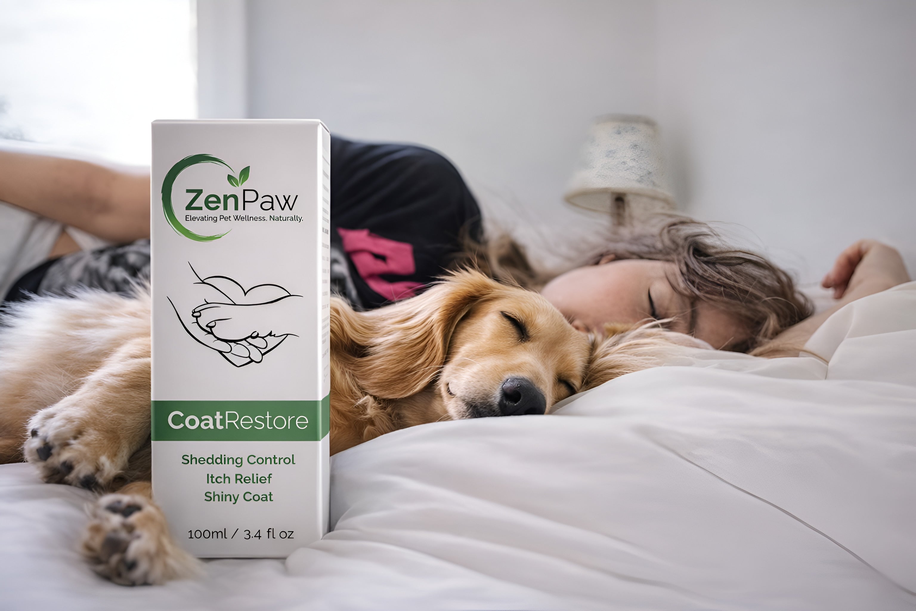 Dog lying on a bed with a bottle of ZenPaw CoatRestore product in the foreground.