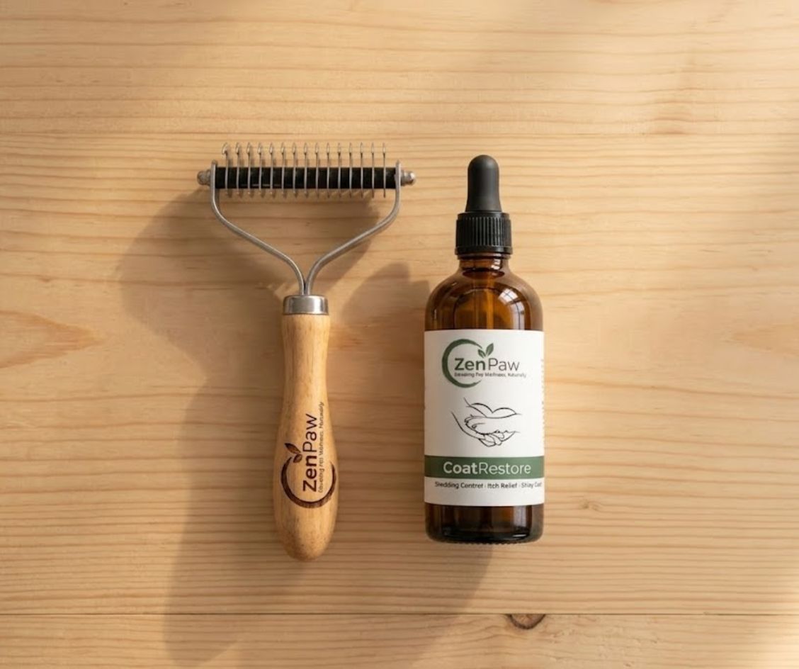 ZenPaw grooming tool and bottle on a wooden surface - CoatRake