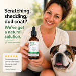 Woman holding a bottle of ZenPaw CoatRestore with a dog sitting next to her, promoting a natural solution for pet issues.