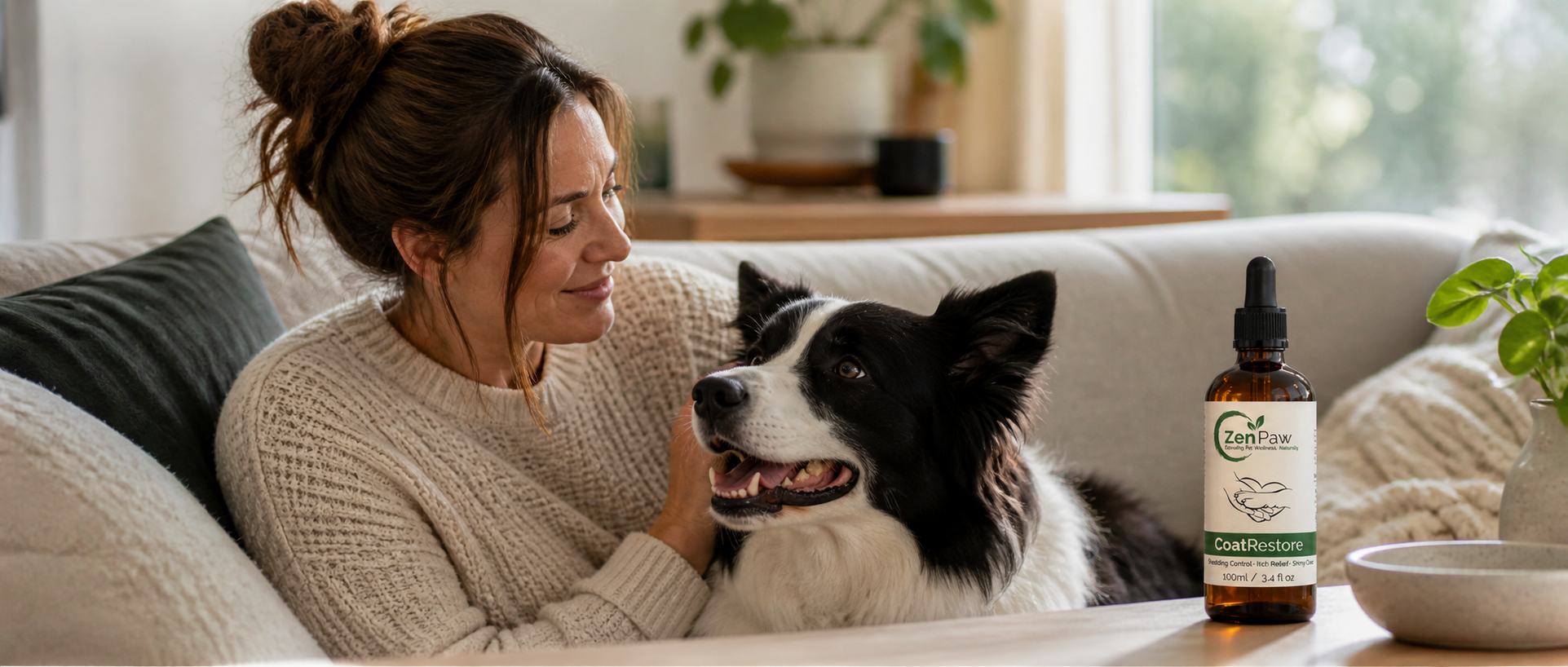 Woman sitting on a couch with a dog, next to a bottle of CoatRestore oil, in a home setting.