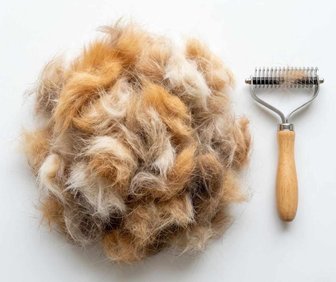 Pile of pet hair and a grooming tool on a white background - CoatRake By ZenPaw