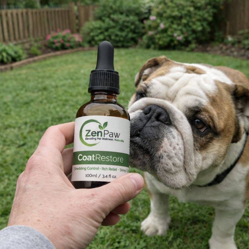 Hand holding a bottle of ZenPaw CoatRestore supplement in front of a dog outdoors.
